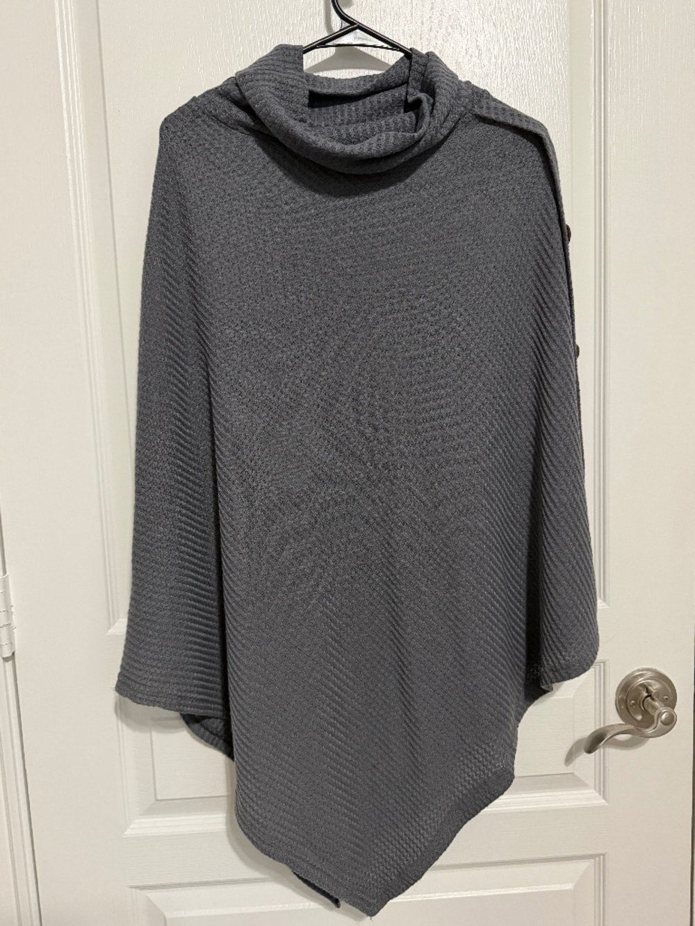 Textured Gray Asymmetric Cowl Neck Poncho Cape Wrap with Buttons (One size)
